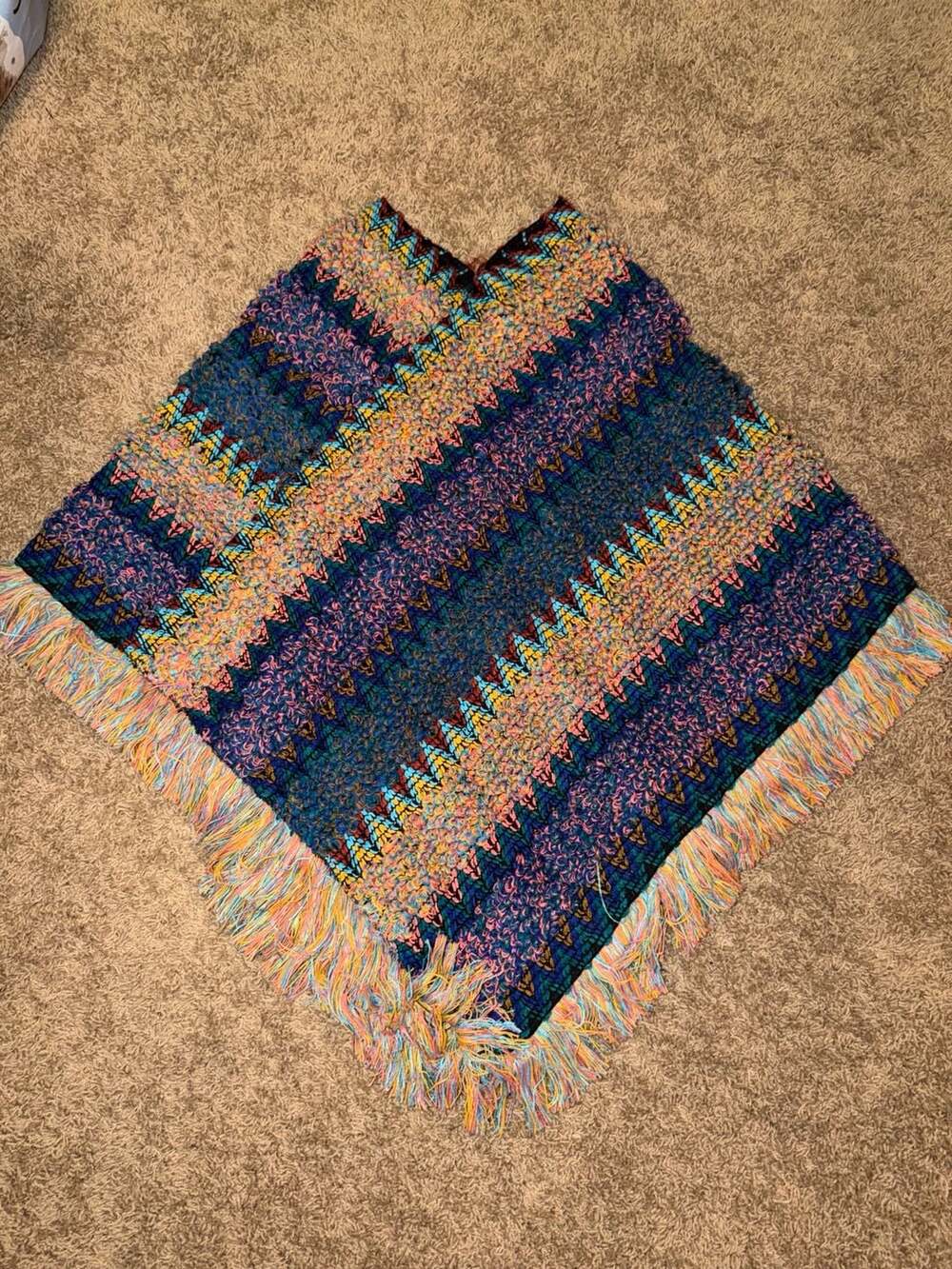 Women's Multicolor Zig Zag Knit Poncho Sweater with Tassel Fringe